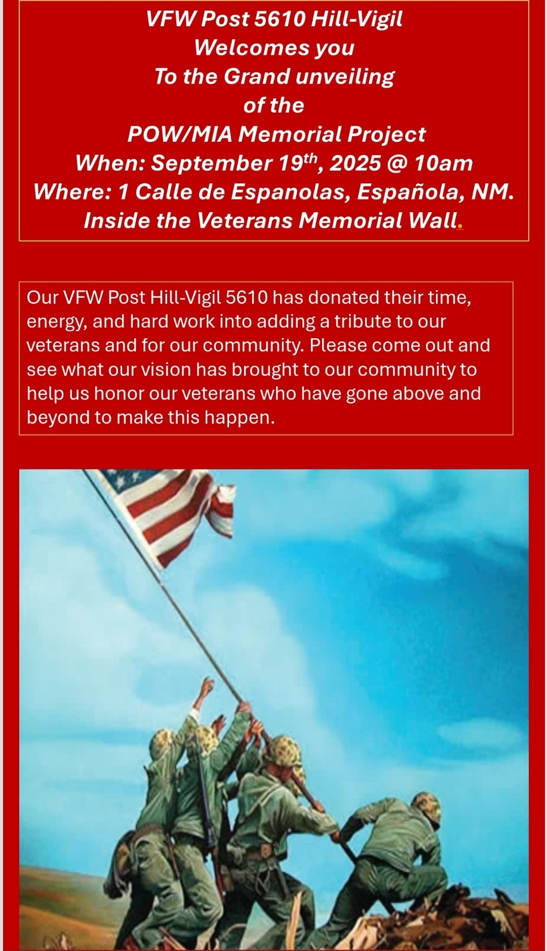 VFW Post 5610 Invites Public To Unveiling Of POW/MIA Memorial Project Sept.  19